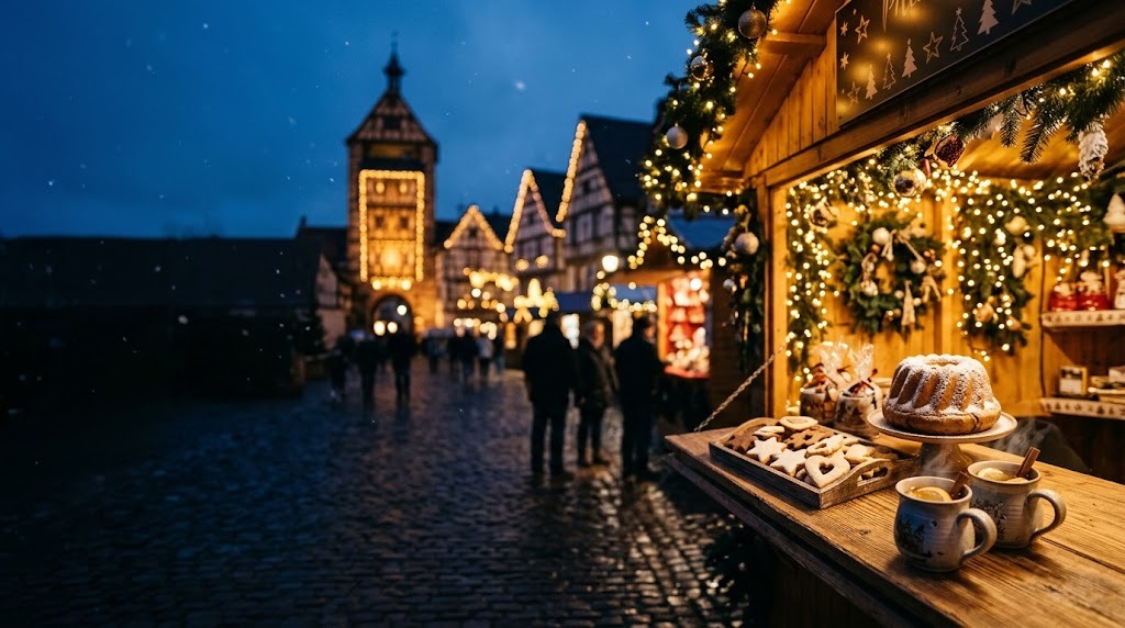 Illustration générée : ambiance d’un chalet du marché de Noël de Riquewihr (image non contractuelle)