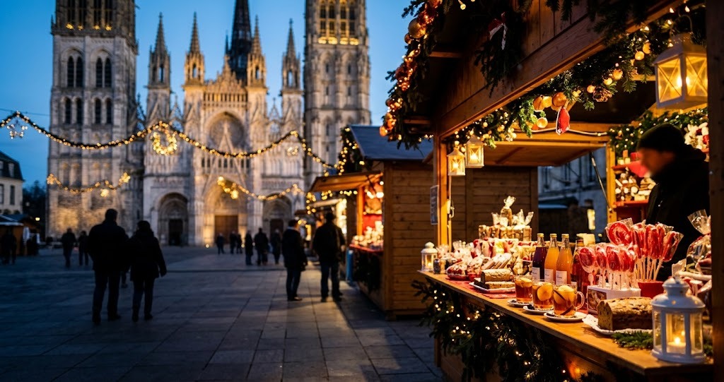 Illustration générée : ambiance d’un chalet du marché de Noël de Rouen (image non contractuelle)