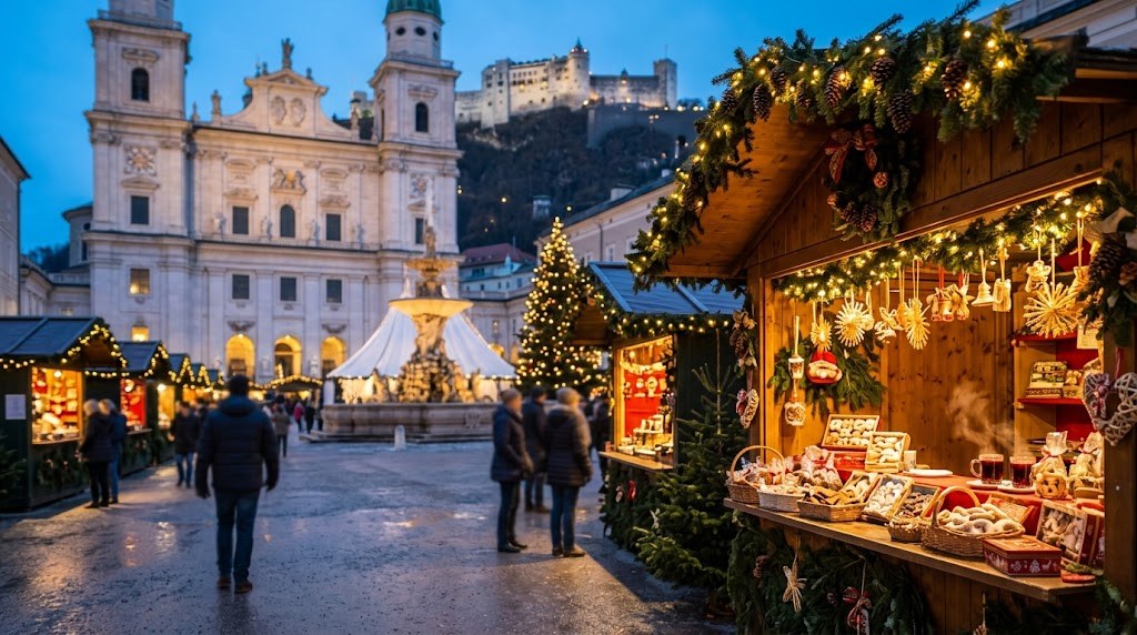 Illustration générée : ambiance d’un chalet du marché de Noël de Salzbourg (image non contractuelle)