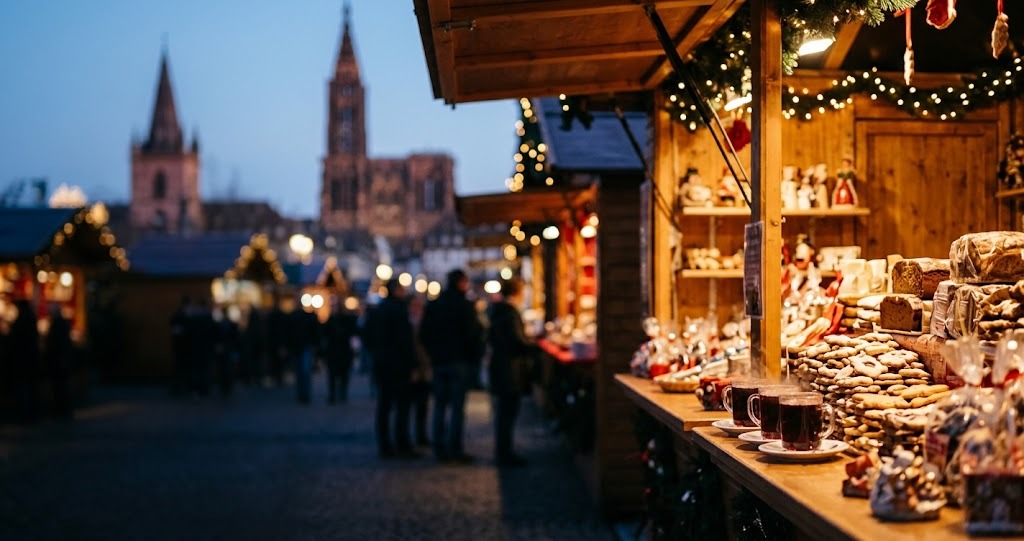 Illustration générée : ambiance d’un chalet du marché de Noël de Strasbourg (image non contractuelle)