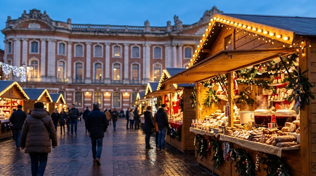 Illustration générée : ambiance d’un chalet du marché de Noël de Toulouse (image non contractuelle)