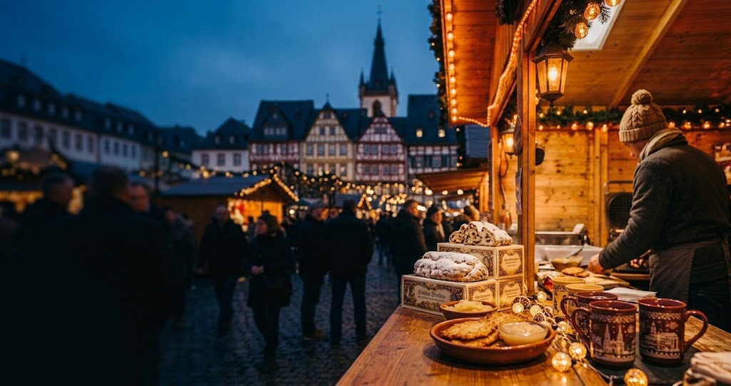 Illustration générée : ambiance d’un chalet du marché de Noël de Trèves (image non contractuelle)