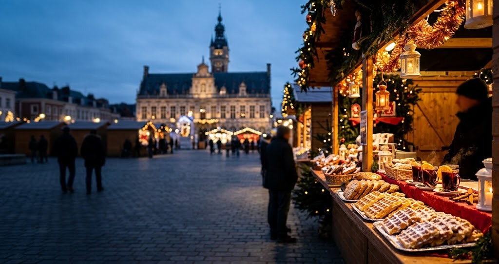 Illustration générée : ambiance d’un chalet du marché de Noël de Valenciennes (image non contractuelle)