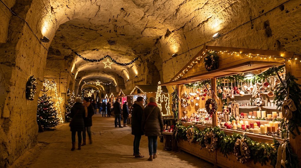 Illustration générée : ambiance d’un chalet du marché de Noël de Valkenburg (image non contractuelle)