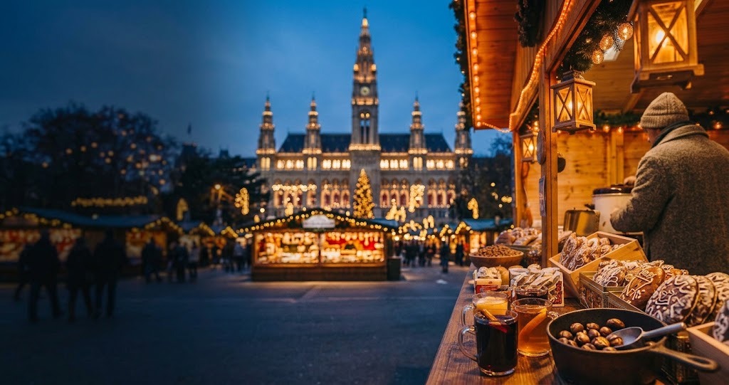 Illustration générée : ambiance d’un chalet du marché de Noël de Vienne (image non contractuelle)