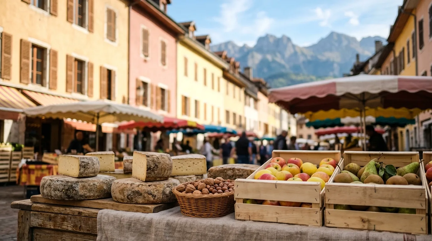 Tommes de montagne, noix, pommes et poires sur un étal de marché, devant des façades ocre et roses et les Alpes. Illustration générée.
