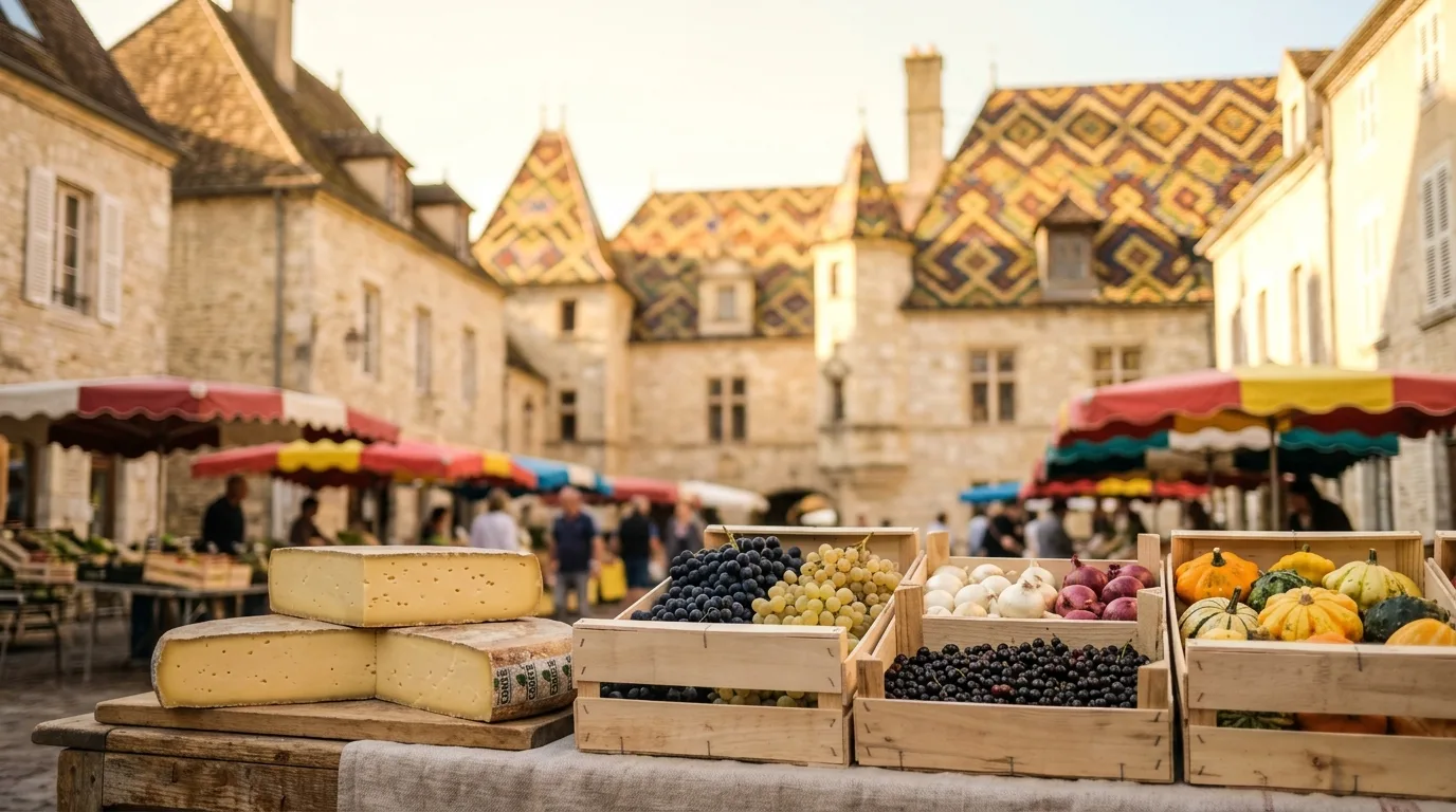 Comté, raisins, cassis et courges sur un étal de marché, devant des toits de tuiles vernissées. Illustration générée.