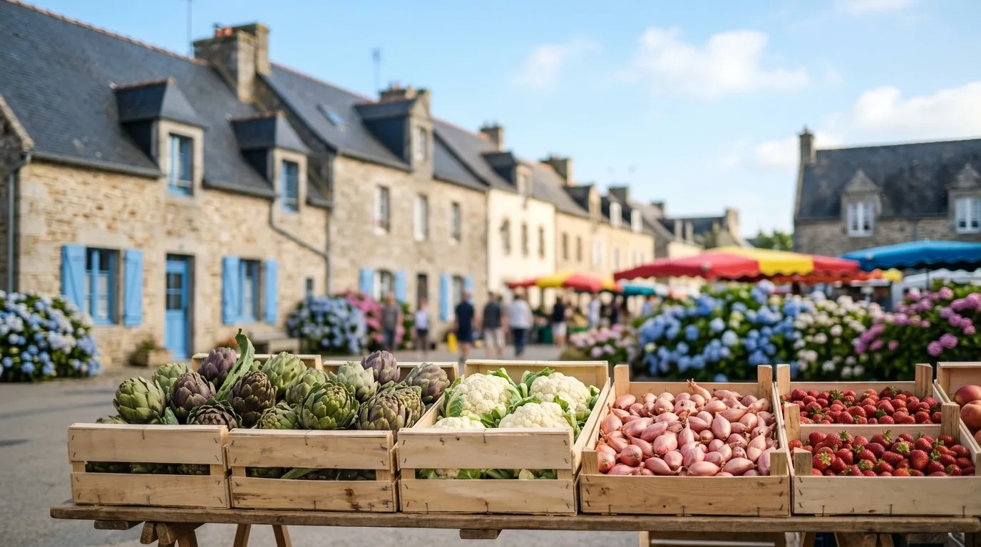 Artichauts, choux-fleurs, échalotes et fraises sur un étal de marché, devant des maisons en granit et des hortensias. Illustration générée.