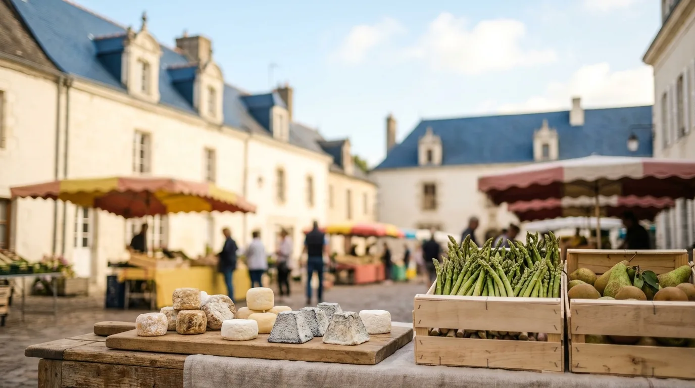 Fromages de chèvre, asperges et poires sur un étal de marché, devant des façades en tuffeau et des toits d'ardoise. Illustration générée.