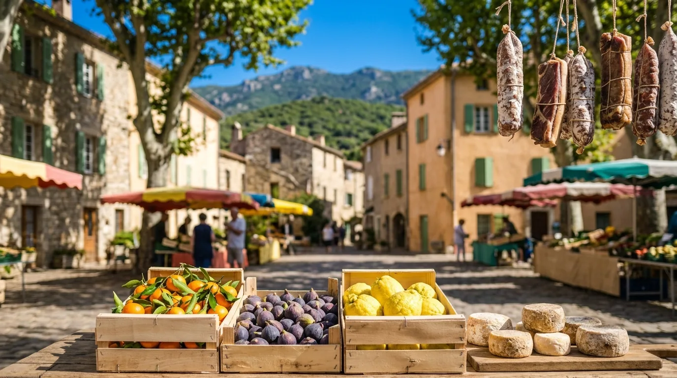 Clémentines, figues, cédrats, fromages de brebis et charcuterie sur un étal de marché, devant une place de village et le maquis. Illustration générée.
