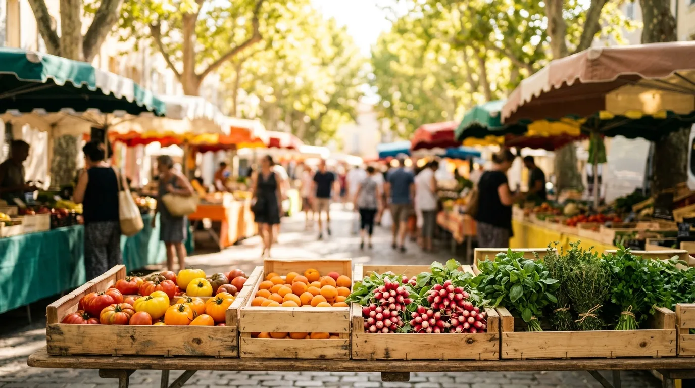 Cagettes de tomates, d'abricots et de radis sur un étal, allée du marché sous les platanes. Illustration générée.