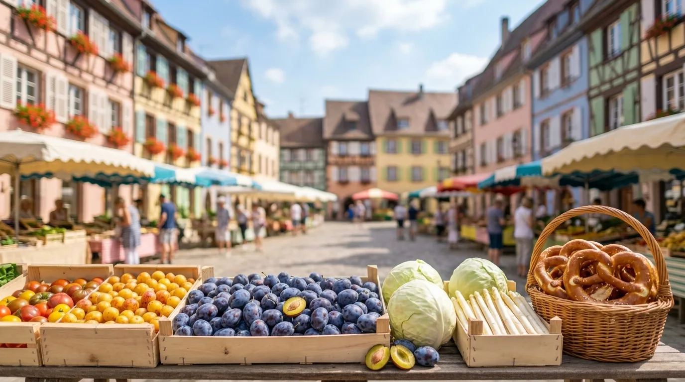 Mirabelles, quetsches, choux, asperges blanches et bretzels sur un étal de marché, devant des maisons à colombages. Illustration générée.