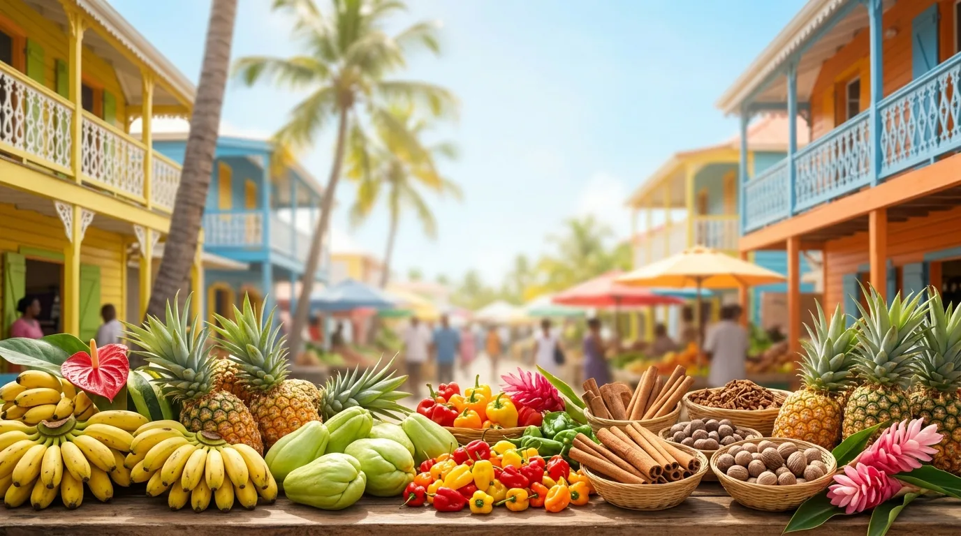 Bananes, ananas, christophines, piments et épices sur un étal de marché, devant des maisons créoles et des cocotiers. Illustration générée.