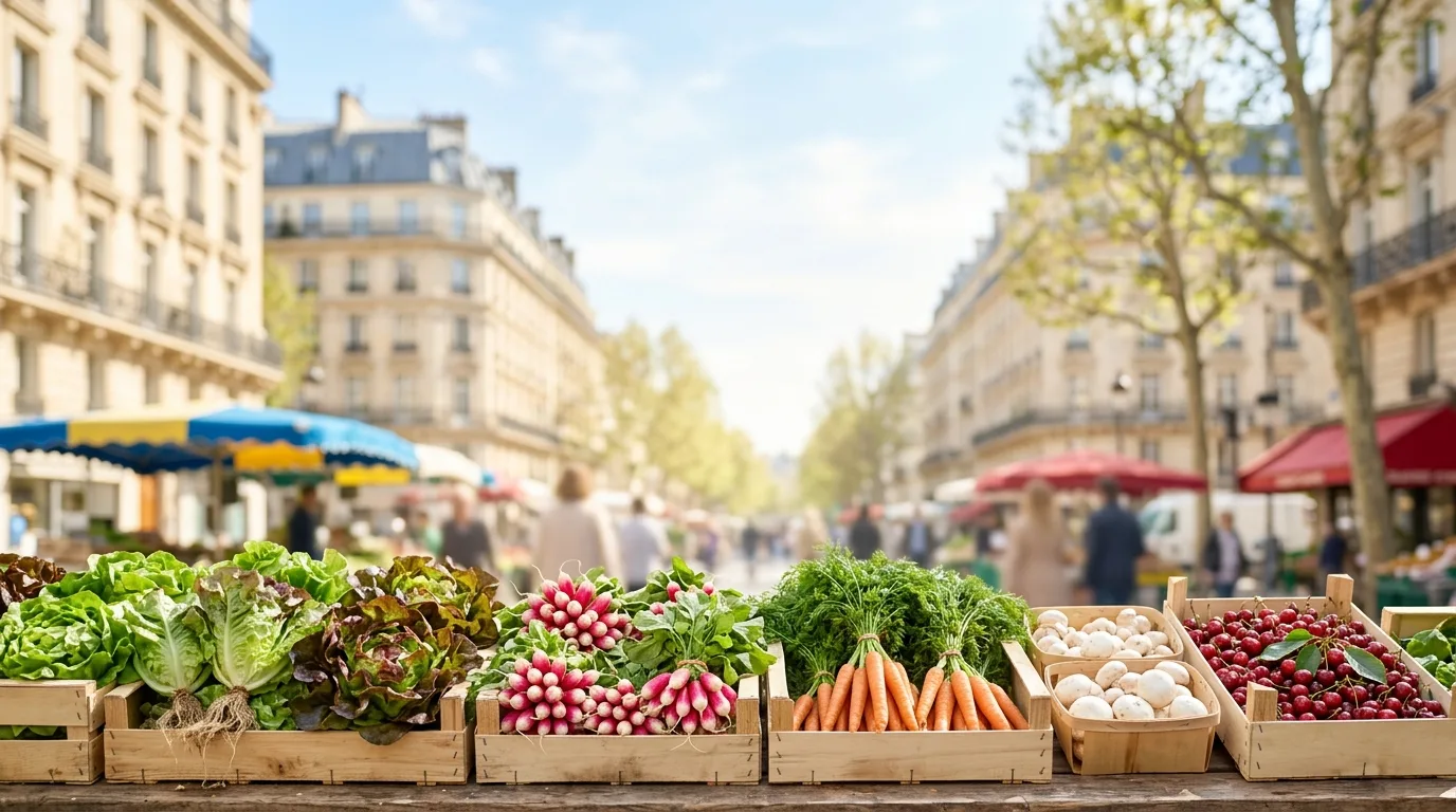 Salades, radis, carottes, champignons de Paris et cerises sur un étal de marché, devant des immeubles haussmanniens. Illustration générée.