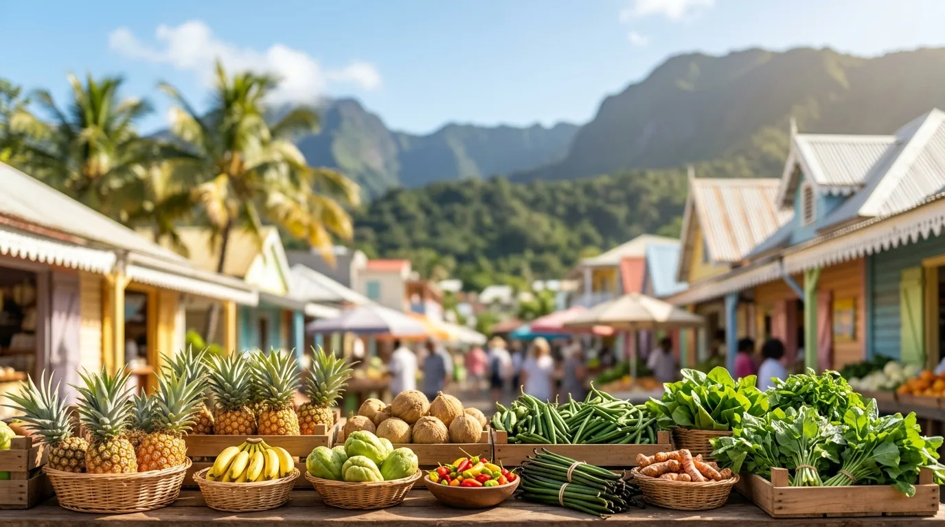 Ananas Victoria, bananes, chouchous, vanille et brèdes sur un étal de marché, devant des cases créoles et les montagnes. Illustration générée.