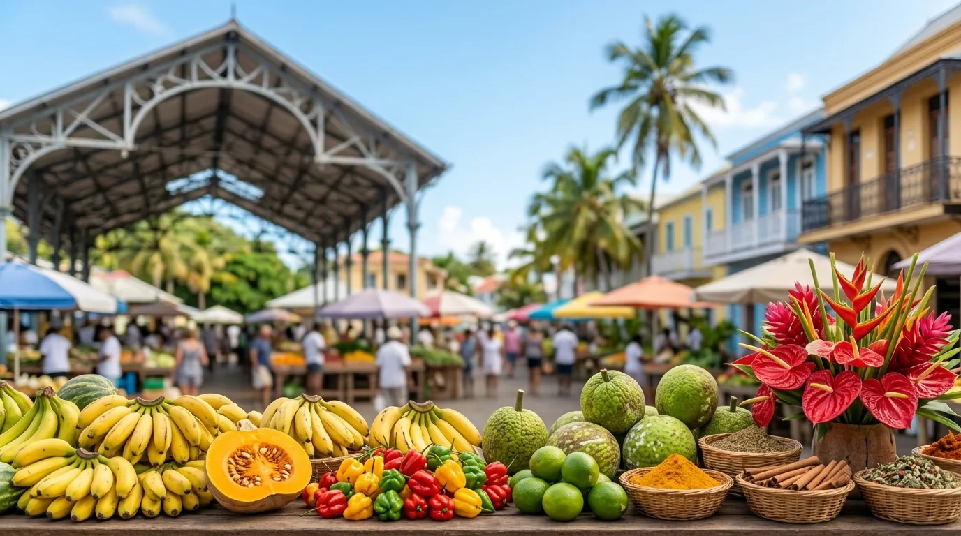 Bananes, giraumon, piments, citrons verts et fleurs tropicales sur un étal de marché, devant un marché couvert. Illustration générée.