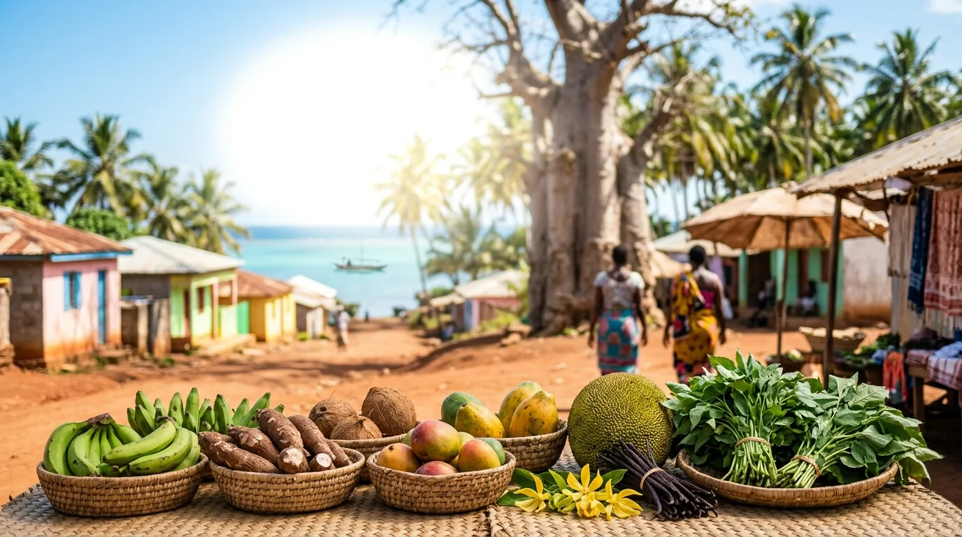 Bananes, manioc, noix de coco, mangues, vanille et ylang-ylang sur un étal de marché, devant un baobab, des maisons colorées et le lagon. Illustration générée.