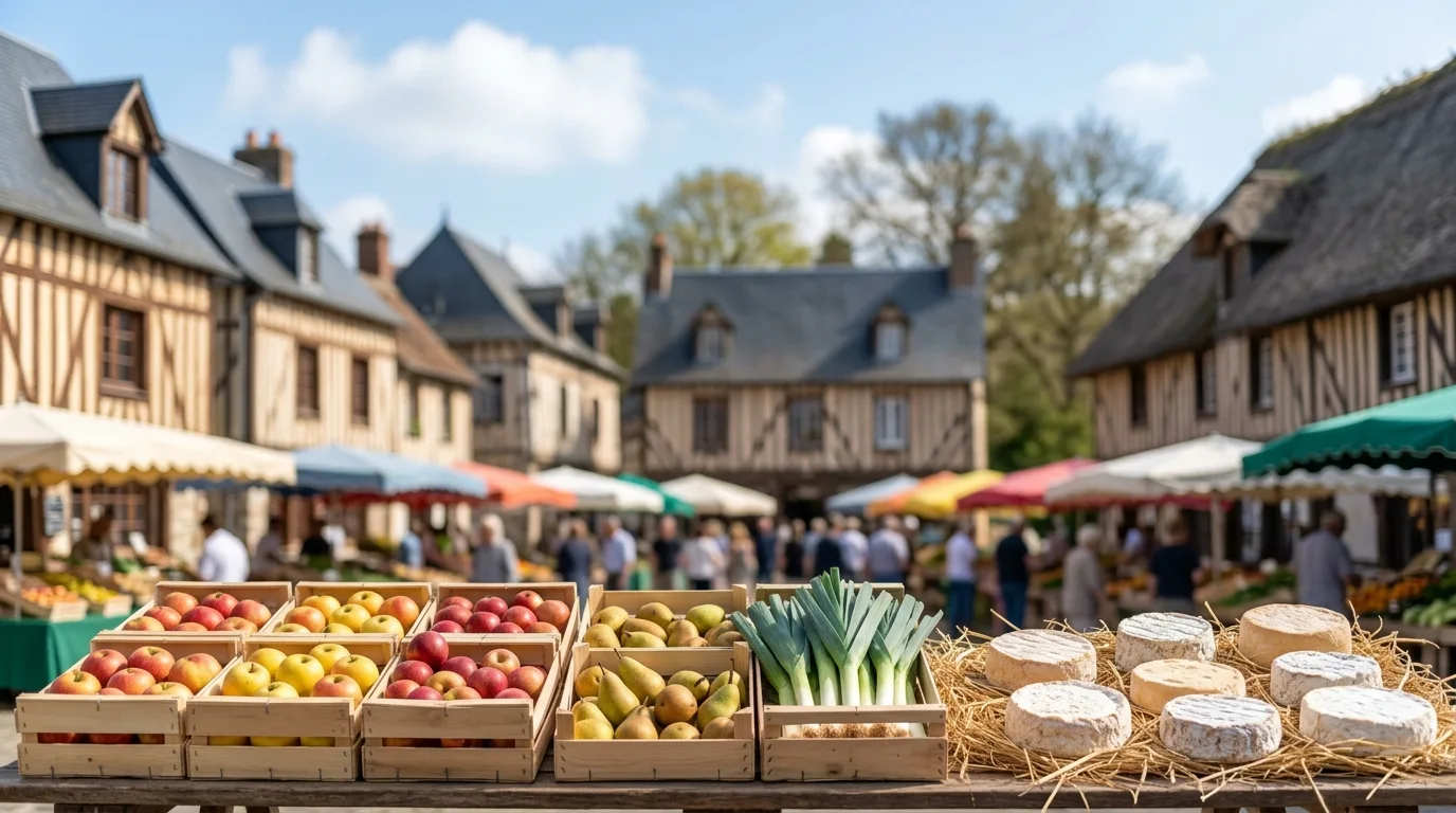 Pommes, poires, poireaux et fromages à croûte fleurie sur un étal de marché, devant des maisons à colombages. Illustration générée.