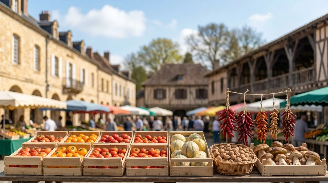 Tomates, melons, noix, cèpes et piments séchés sur un étal de marché, devant une halle ancienne et des façades en pierre blonde. Illustration générée.