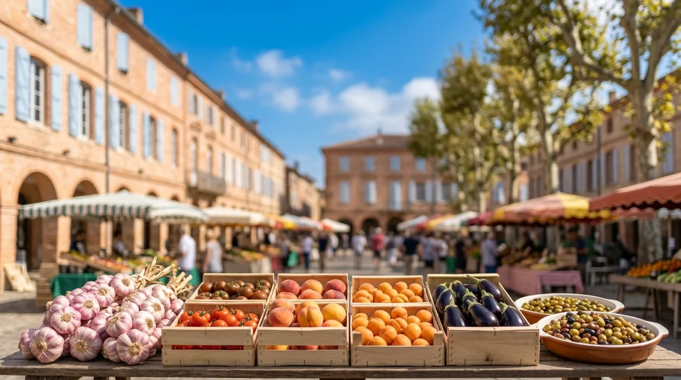 Ail rose, tomates, pêches, abricots, aubergines et olives sur un étal de marché, devant des façades en brique rose. Illustration générée.
