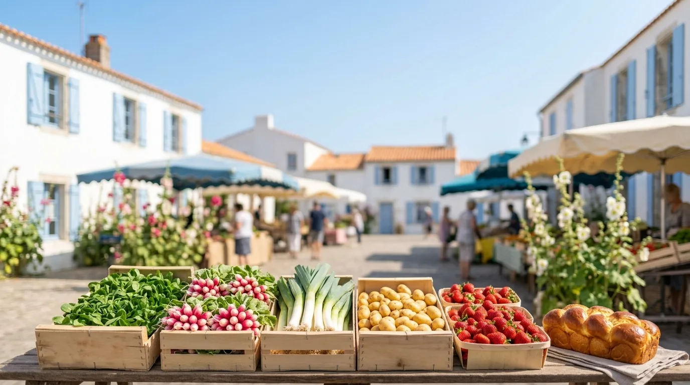 Mâche, radis, poireaux, pommes de terre, fraises et brioche sur un étal de marché, devant des maisons blanches aux volets bleus. Illustration générée.