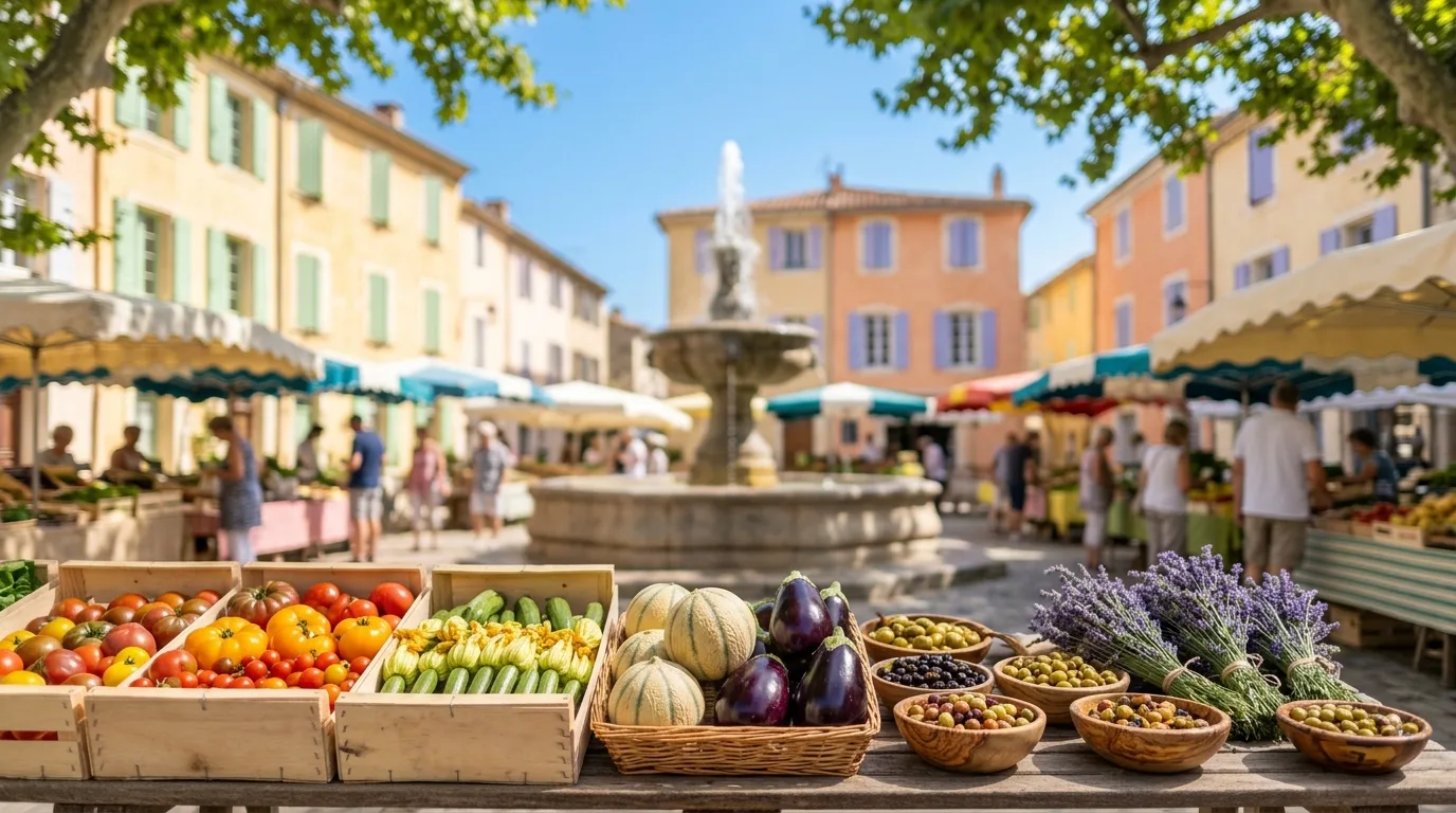 Tomates, courgettes, melons, aubergines, olives et lavande sur un étal de marché, devant une fontaine et des façades ocre. Illustration générée.